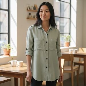 Zara Woman Top Women’s XL Sage Green Raw Edge‎ Chambray Button Up Minimalist New